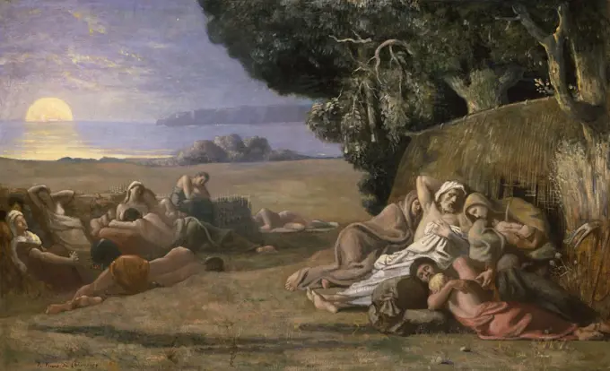 Sleep, by Pierre Puvis de Chavannes, 186770, French Romantic/Symbolist painting, oil on canvas. The artist depicts a classically clothed group sleeping after a harvest, safe in an idyllic moment of peace (BSLOC_2017_5_122)