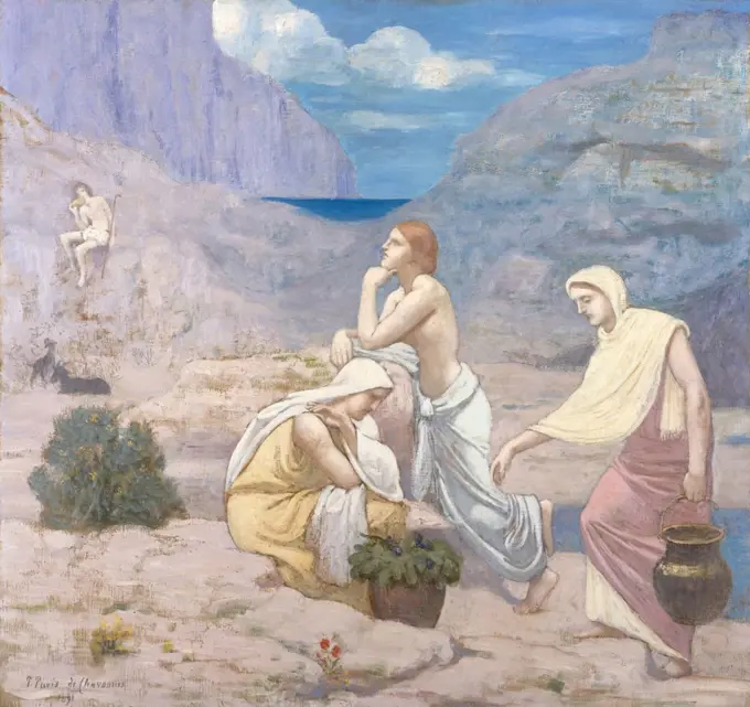 The Shepherd's Song, by Pierre Puvis de Chavannes, 1891, French Romantic/Symbolist oil painting. The artist adapted his figures from Greco-Roman classical models and antique subjects, evoking a timeless dream world (BSLOC_2017_5_123)