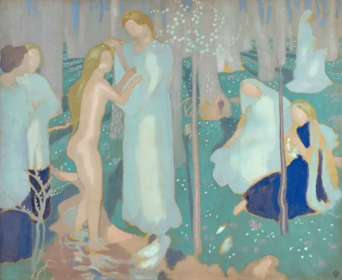 Springtime, by Maurice Denis, 1894-99, French Symbolist painting, oil on canvas. This is a study for his 1899 painting 'Virginal Spring' in which young women in a purification ritual. In this work, the Symbolist artist used women to represent innocence an (BSLOC_2017_5_125)