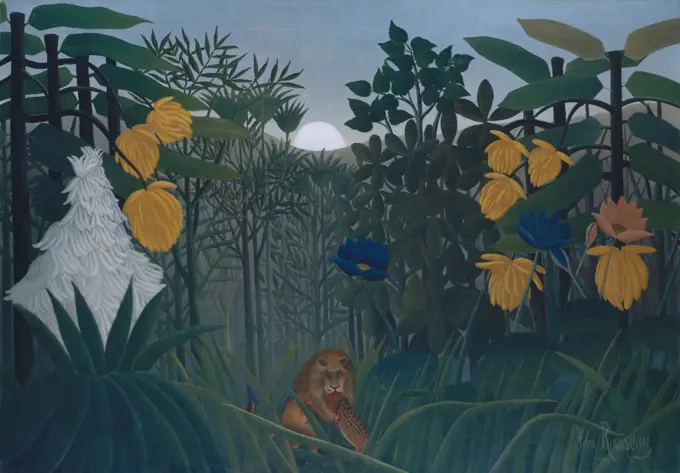 The Repast of the Lion, by Henri Rousseau, 1907, French Primitivism, painting, oil on canvas. The self-taught naive artist based the exotic vegetation on studies that he made in Pariss botanical gardens, and adapted the wild beasts from popular illustrat (BSLOC_2017_5_126)