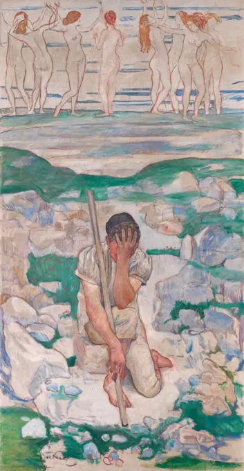 The Dream of the Shepherd, by Ferdinand Hodler, 1896, Swiss Symbolist painting, oil on canvas. A shepherd appears to be anguished by his vision of naked dancing women (BSLOC_2017_5_124)