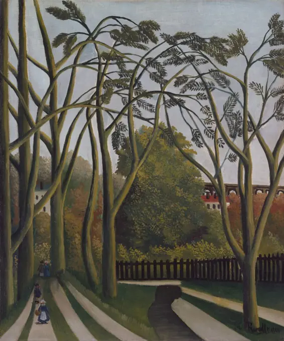 The Banks of the Bievre near Bicetre, by Henri Rousseau, 1908-09, French Primitivism, oil painting. The scene depicts the landscape around a working-class community on the southern edge of Paris (BSLOC_2017_5_127)