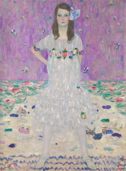 Mada Primavesi, by Gustav Klimt, 1912-13, Austrian Symbolist painting, oil on canvas. This portrait depicts a nine-year-old girl, standing before pastel colored patterns. Her parents were Otto and Eugenia Primavesi, patrons of progressive Viennese arts (BSLOC_2017_5_128)