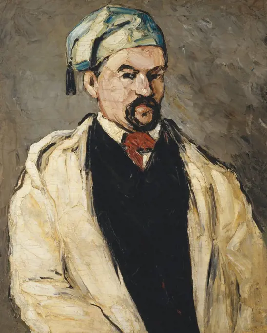 Antoine Dominique Sauveur Aubert, by Paul Cezanne, 1866, French Post-Impressionist oil painting. Cezanne painted his maternal uncle, Dominique Aubert, in different costumes, such as this robe and tasseled blue cap (BSLOC_2017_5_13)