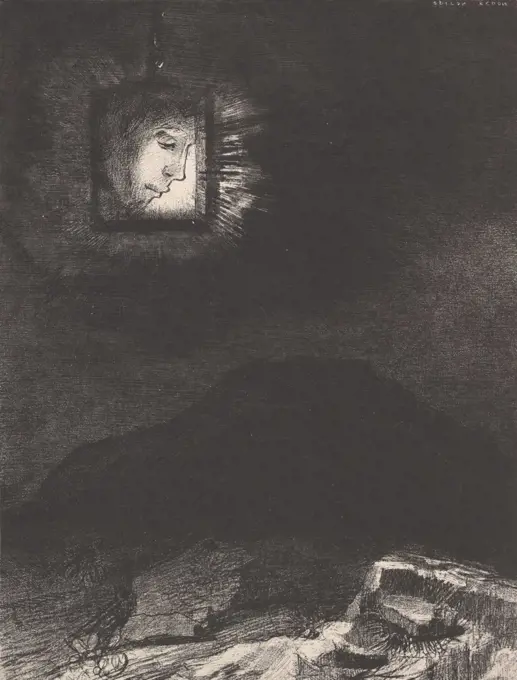 The Vague Glimmer of a Head Suspended in Space, by Odilon Redon, 1891, French Symbolist print. This imaginative lithograph sets a framed profile portrait above a dark landscape (BSLOC_2017_5_130)