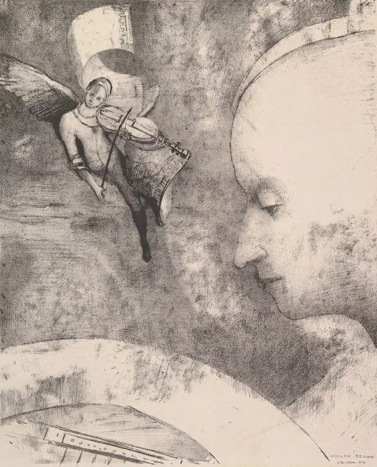 The Celestial Art, by Odilon Redon, 1894, French Symbolist print, lithograph. Anticipating Surrealism, Redon's lithograph juxtaposed a floating winged figure playing a violin with an hairless human head looking down at an enigmatic object (BSLOC_2017_5_131)