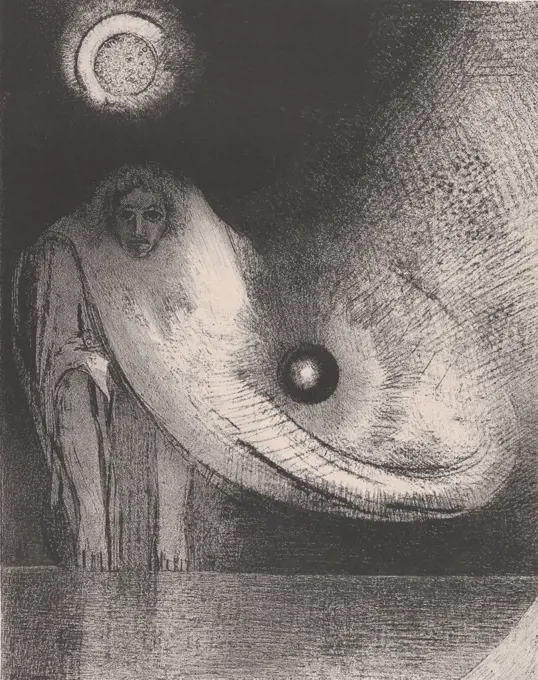 The Buddha, by Odilon Redon, 1895, French Symbolist print, lithograph. The inscription below the image translates, 'I was led unto the schools; and it was found that I knew more than the teachers'. It is from Gustave Flaubert's, 'Temptation of Saint Antho (BSLOC_2017_5_132)