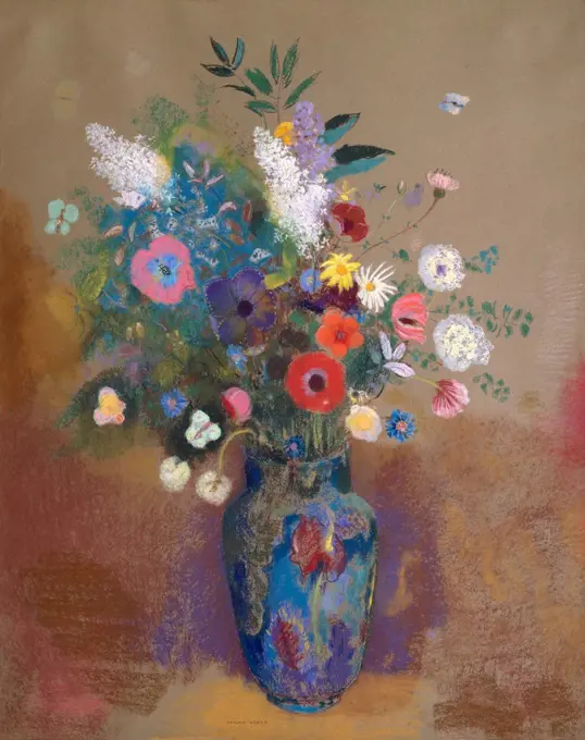 Bouquet of Flowers, by Odilon Redon, 1905, French Symbolist drawing, pastel on paper. Created when the artist was 65 years old, this still life combines a variety flowers in a vase in an undefined space (BSLOC_2017_5_134)