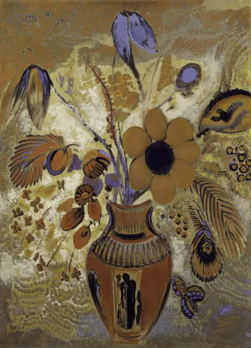 Etruscan Vase with Flowers, by Odilon Redon, 1900-10, French Symbolist painting, tempera on canvas. The bouquet combines real and imaginary flowers painted with varying degrees of abstraction (BSLOC_2017_5_133)