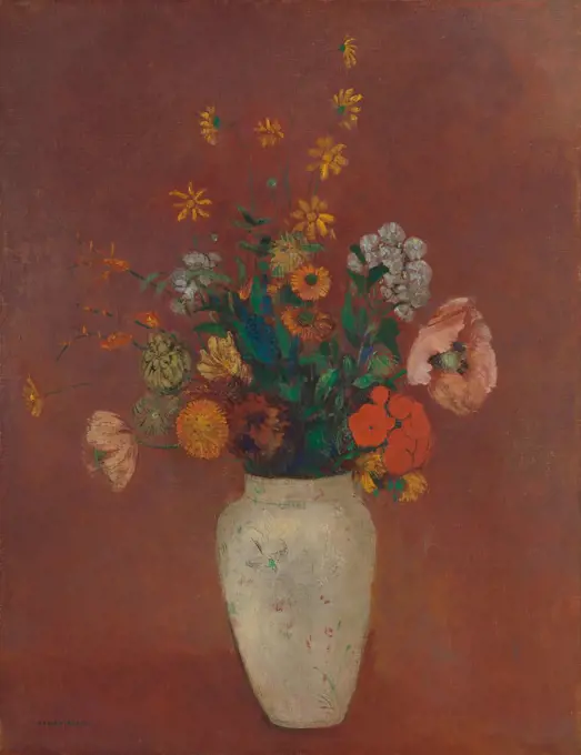 Bouquet in a Chinese Vase, by Odilon Redon, 1912-14, French Symbolist painting, oil on canvas. This modernist still life combines naturalist depictions of flowers with bright flat colors, impressionistic brushwork, and a flat background (BSLOC_2017_5_136)