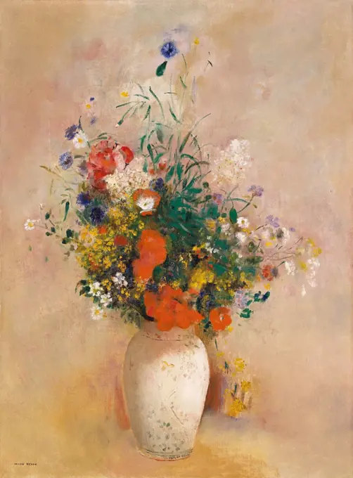 Vase of Flowers (Pink Background), by Odilon Redon, 1906, French Symbolist painting, oil on canvas. Redon painted this bouquet with identifiable flowers as poppies and cornflowers. It is modern in its generalized forms, bright flat colors, impressionistic (BSLOC_2017_5_135)