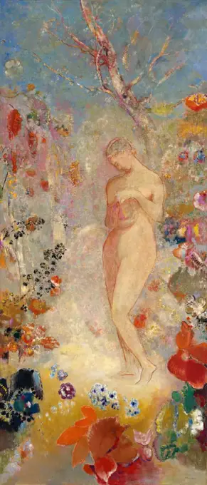 Pandora, by Odilon Redon, 1914, French Symbolist painting, oil on canvas. The first mortal woman of Greek myth, still innocent, stands naked with the box she is forbidden to open. When she does open it, she will release the evils of mankind and end the Go (BSLOC_2017_5_138)