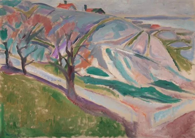 Landscape, Kragerom, by Edvard Munch, 1912, Symbolist/Norwegian Expressionist painting, oil on canvas. This work was made four years following Munch's serious mental breakdown, after which, he painted in a new style of loose brushstrokes, a more harmoniou (BSLOC_2017_5_139)