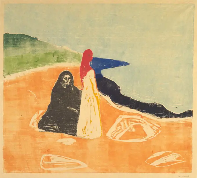 Two Women on the Shore, by Edvard Munch, 1898, Symbolist/Norwegian Expressionist print, woodcut. A young woman in white faces the open sea. Beside her is a seated figure in black in Munch's pessimist contrast of youth and old age (BSLOC_2017_5_140)