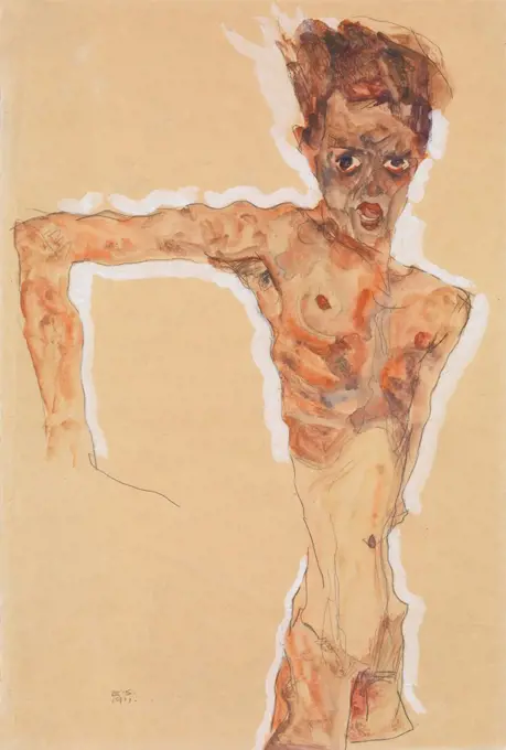 Self-Portrait, by Egon Schiele, 1911, Austrian Expressionist watercolor, painting. The young artist depicts himself as an emaciated figure, distorting his forms and contours, for expressive effect (BSLOC_2017_5_142)