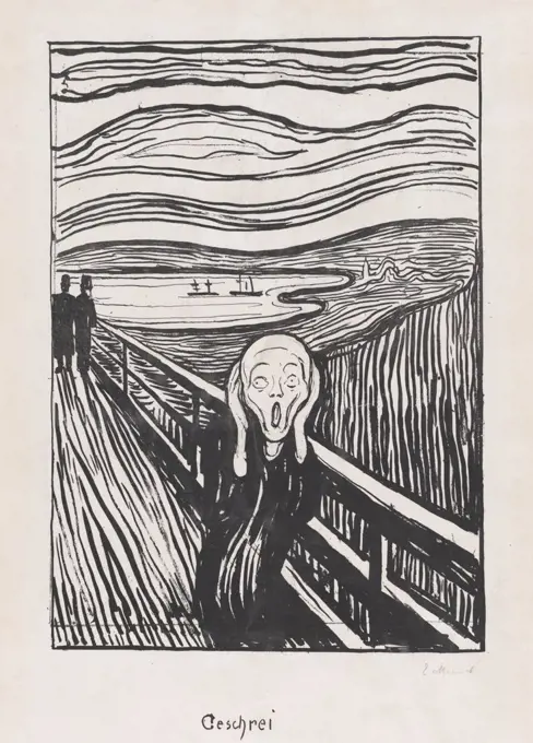 The Scream, by Edvard Munch, 1895, Norwegian Symbolist/Expressionist print, lithograph. The skull like human head has a single psychological dimension. The precursor of this image was a drawing of a man, Munch himself, on a similar bridge, in which he 'fe (BSLOC_2017_5_141)