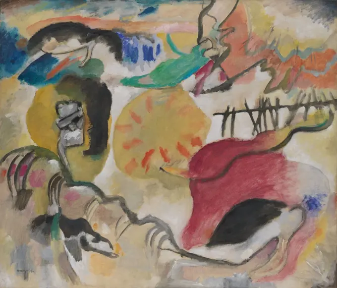 Improvisation 27 (Garden of Love II), by Vasily Kandinsky, 1912, Russian German Expressionist. This painting contains 3 very abstract depictions of an embracing couple surrounded by serpentine forms. The paintings subtitle is a reference to biblical Eden (BSLOC_2017_5_143)