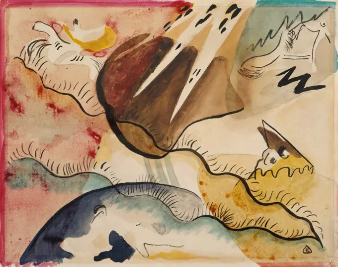 Rain Landscape, by Vasily Kandinsky, 1911, Russian German Expressionist drawing, watercolor on paper. In this abstract landscape painting, the artist uses form and color symbolism to evoke an inner, emotional and spiritual world (BSLOC_2017_5_144)