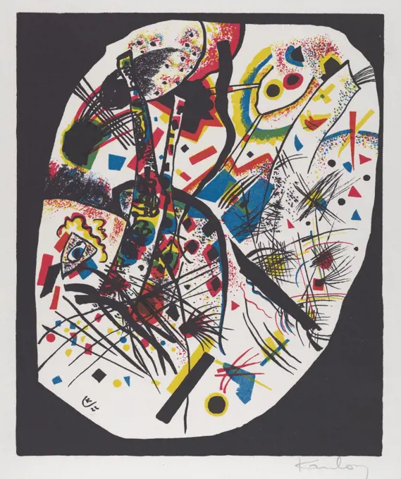 Kleine Welten III (Small Worlds III), by Vasily Kandinsky, 1922, Russian German Expressionist print. Large and small freeform areas of color, geometric shapes, and lines are the elements of this abstract lithograph (BSLOC_2017_5_146)