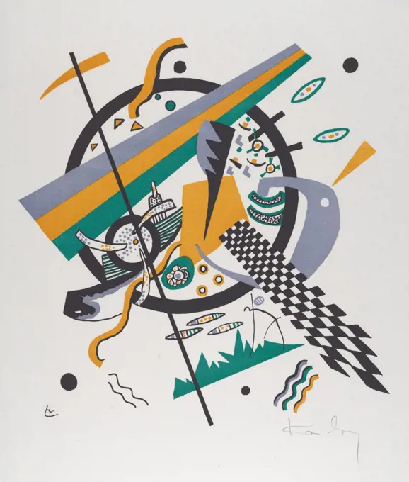 Kleine Welten III (Small Worlds IV), by Vasily Kandinsky, 1922, Russian German Expressionist print. Straight edged and sinuous flat shapes of color, circles, and hand drawn forms and an inclined checkerboard contribute to complexity on this abstract litho (BSLOC_2017_5_147)