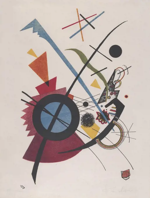 Violett, by Vasily Kandinsky, 1923, Russian French Expressionist print, lithograph. Geometrical elements, circles, arcs, triangles, straight lines and curves, mix with irregular hand drawn forms in this abstract lithograph (BSLOC_2017_5_148)