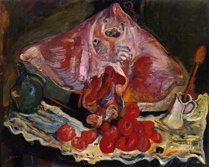 Still Life with Rayfish, by Chaim Soutine, 1924, Russian French Expressionist oil painting. In this canvas, Soutine referenced Chardin's 'The Rayfish' of the 18th century. He painted the dead animal with thick, fluid brushstrokes in a still life with a dr (BSLOC_2017_5_151)