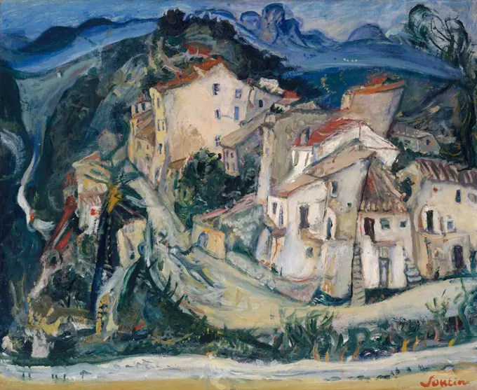 View of Cagnes, by Chaim Soutine, 1924-25, Russian French Expressionist painting, oil on canvas. 1923 to 1925, Soutine lived in the mountain village of Cagnes on the French Rivera. His painted this landscape with expressionistic brushwork, stacking and di (BSLOC_2017_5_152)