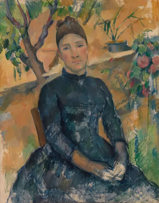 Madame Cezanne, by Paul Cezanne, 1891, French Post-Impressionist painting, oil on canvas. The painting is most developed in and around the head and shoulders, with the hands and lower areas sketched in (BSLOC_2017_5_18)