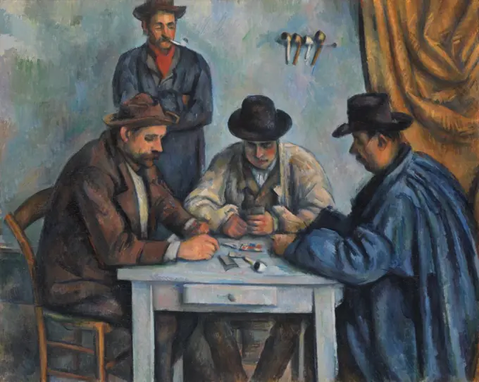 The Card Players, by Paul Cezanne, 1890-92, French Post-Impressionist painting, oil on canvas. This is believed to be the first of five paintings Cezanne made of peasants playing cards (BSLOC_2017_5_19)