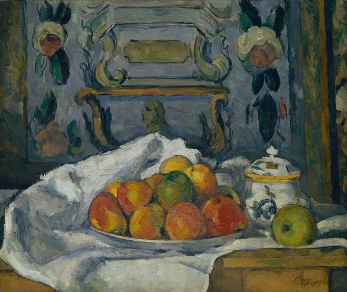 Dish of Apples, by Paul Cezanne, 1876-77, French Post-Impressionist painting, oil on canvas. This still life was painted in the house of the artist's father in Aix-en-Provence (BSLOC_2017_5_20)