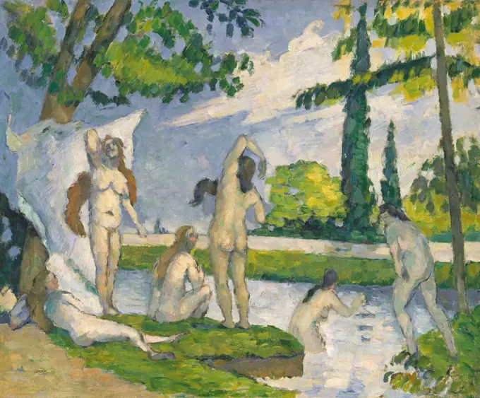 Bathers, by Paul Cezanne, 187475, French Post-Impressionist painting, oil on canvas. Painted in bright, high-keyed impressionist palette, this is one of his first bathers paintings (BSLOC_2017_5_2)