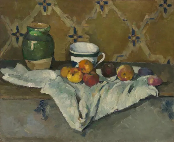 Still Life with Jar, Cup, and Apples, by Paul Cezanne, 1877, French Post-Impressionist oil painting. The wallpaper's diagonal pattern continues in the folds of white cloth (BSLOC_2017_5_21)