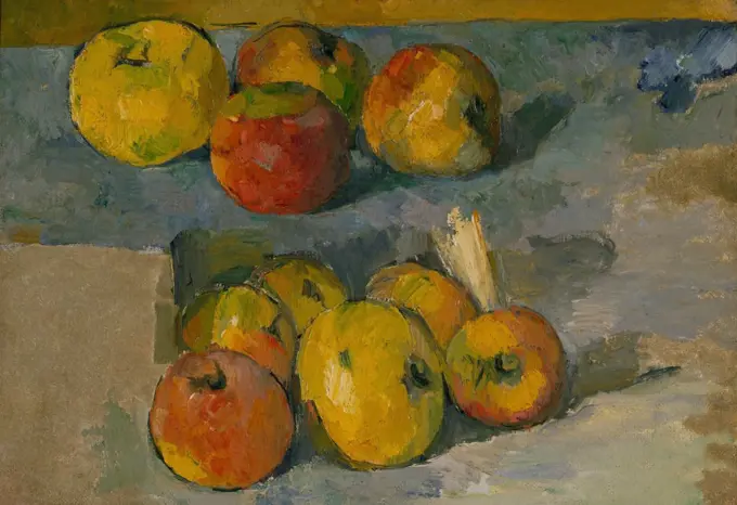 Apples, by Paul Cezanne, 1878-79 or 1883-87, French Post-Impressionist painting, oil on canvas. Cezannes dealer, Ambroise Vollard, sold this picture to the painter Edouard Vuillard, in exchange for one of the artists own works (BSLOC_2017_5_22)