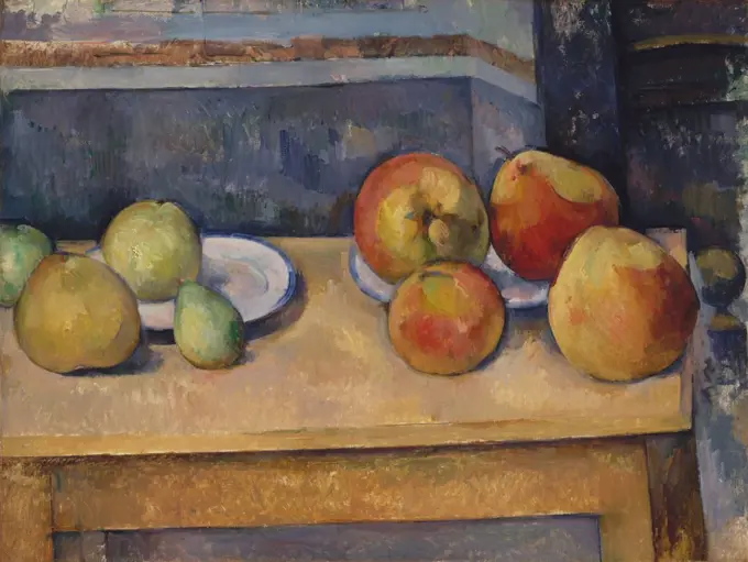 Still Life with Apples and Pears, by Paul Cezanne, 1891-92, French Post-Impressionist oil painting. The physical solidity of the fruits contrasts with the ambiguous space around them (BSLOC_2017_5_24)