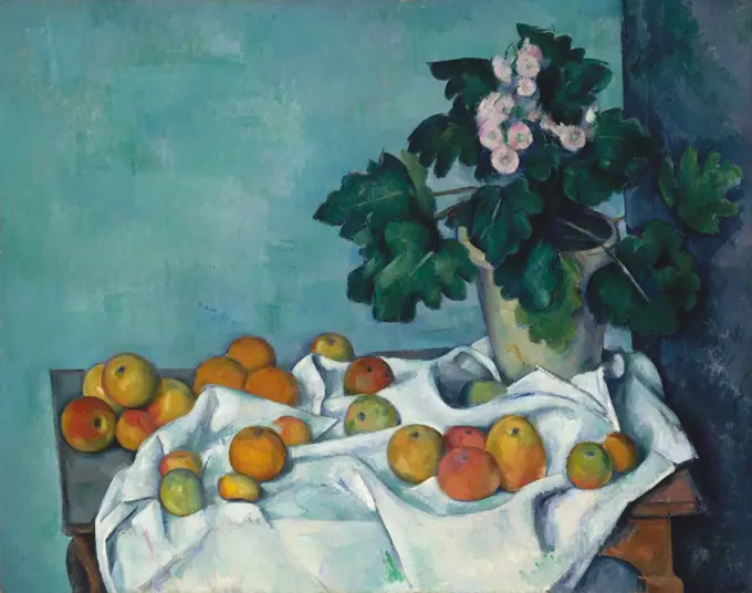 Still Life with Apples and a Pot of Primroses, by Paul Cezanne, 1890, French Post-Impressionism. Monet, the master Impressionist painter, once owned this painting (BSLOC_2017_5_23)