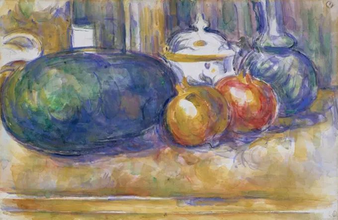 Still-Life with a Watermelon and Pomegranates, by Paul Cezanne, 1900-06, French Post-Impressionism. Watercolor painting over graphite on paper (BSLOC_2017_5_26)