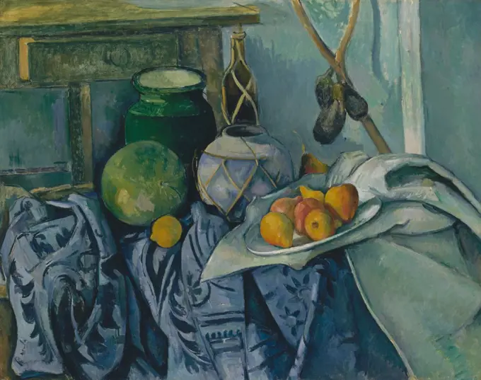 Still Life with a Ginger Jar and Eggplants, by Paul Cezanne, 1893-94, French Post-Impressionism. The artist relaxed traditional rules of perspective, and integrated different visual viewpoints within the same still life painting (BSLOC_2017_5_25)