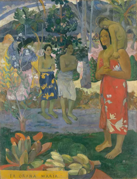 Hail Mary (Ia Orana Maria), by Paul Gauguin, 1891, French Post-Impressionist painting, oil on canvas. Gauguin devoted this first major Tahitian canvas, to a Christian theme, with an angel with yellow wings revealing a Tahitian Mary and Jesus, to island wo (BSLOC_2017_5_28)