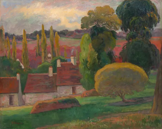 A Farm in Brittany, by Paul Gauguin, 1894, French Post-Impressionist painting, oil on canvas. This work was painted in 1894, between the artist's travels to tropics and employs the rich color he adopted in Tahiti (BSLOC_2017_5_27)