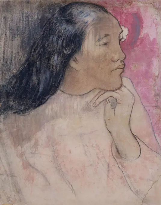 Tahitian Woman with a Flower in Her Hair, by Paul Gauguin, 1891-92, French Post-Impressionism. This is a mixed media drawing of charcoal, pastel, and wash (BSLOC_2017_5_29)