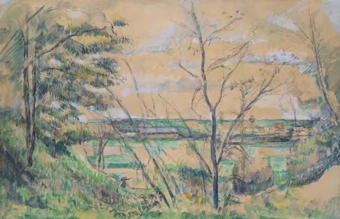 In the Oise Valley, by Paul Cezanne, 1878-80, French Post-Impressionist watercolor painting. Landscape study painted with gouache on a graphite drawing (BSLOC_2017_5_3)