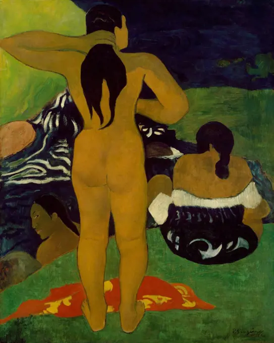 Tahitian Women Bathing, by Paul Gauguin, 1892, French Post-Impressionist painting, oil on paper. The artist painted with large areas of intense orange, green, and blue (BSLOC_2017_5_31)