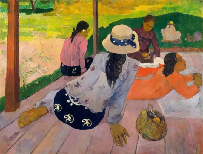 The Siesta, by Paul Gauguin, 1892-94, French Post-Impressionist painting, oil on canvas. Tahitian women gathered in an open-sided shelter with wood plank floor (BSLOC_2017_5_32)