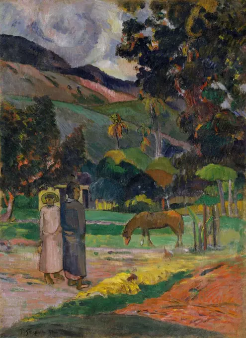 Tahitian Landscape, by Paul Gauguin, 1892, French Post-Impressionist painting, oil on canvas. Gauguin painted this during his first trip to Tahiti, depicting small figures, a horse, and hut in a tropical scene (BSLOC_2017_5_30)