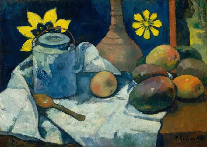 Still Life with Teapot and Fruit, by Paul Gauguin, 1896, French Post-Impressionist oil painting. Gauguin's still life has mangoes and a Tahitian-style printed cloth as a backdrop. There is a figure at the upper right, seen through a door or window (BSLOC_2017_5_34)