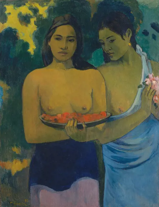 Two Tahitian Women, by Paul Gauguin, 1899, French Post-Impressionist painting, oil on canvas. This work features the beauty of the Tahitian women, painted with sculpturally modeled forms with subtle gestures and facial expression (BSLOC_2017_5_36)