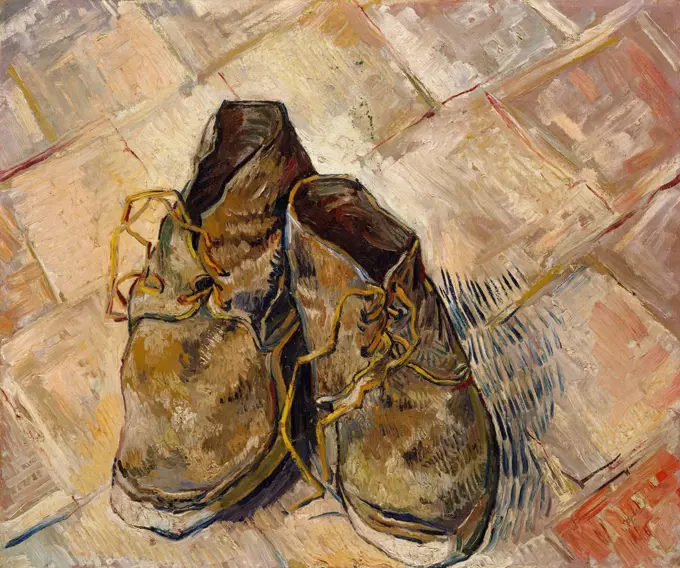 Shoes, by Vincent Van Gogh, 1888, Dutch Post-Impressionist, oil on canvas. These worn shoes were painted on the red-tile floor of the Yellow House, his home and studio in Arles (BSLOC_2017_5_39)