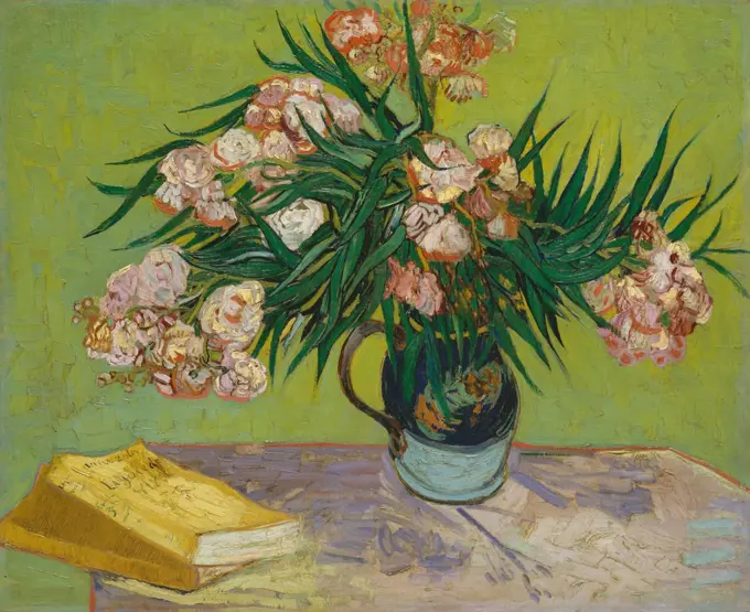 Oleanders, by Vincent Van Gogh, 1888, Dutch Post-Impressionist, oil on canvas. The flowers fill a majolica jug that he used for other still lifes and share the table with Emile Zola's novel, 'La Joie de Vivre' (BSLOC_2017_5_40)