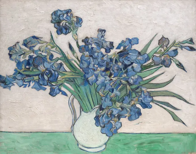 Irises, by Vincent Van Gogh, 1890, Dutch Post-Impressionist, oil on canvas. The painting's original pink background has faded because he used impermanent red pigments (BSLOC_2017_5_41)