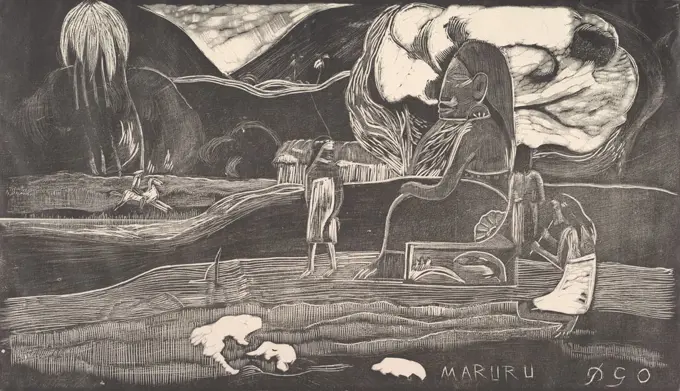 Maruru, by Paul Gauguin, 1893-94, French Post-Impressionist print, woodcut on paper. The image is from his earlier painting, Hina Maruru (Thanks to Hina) of 1893. Gauguins created images of Hina and other deities from his imagination, and not objects he  (BSLOC_2017_5_37)